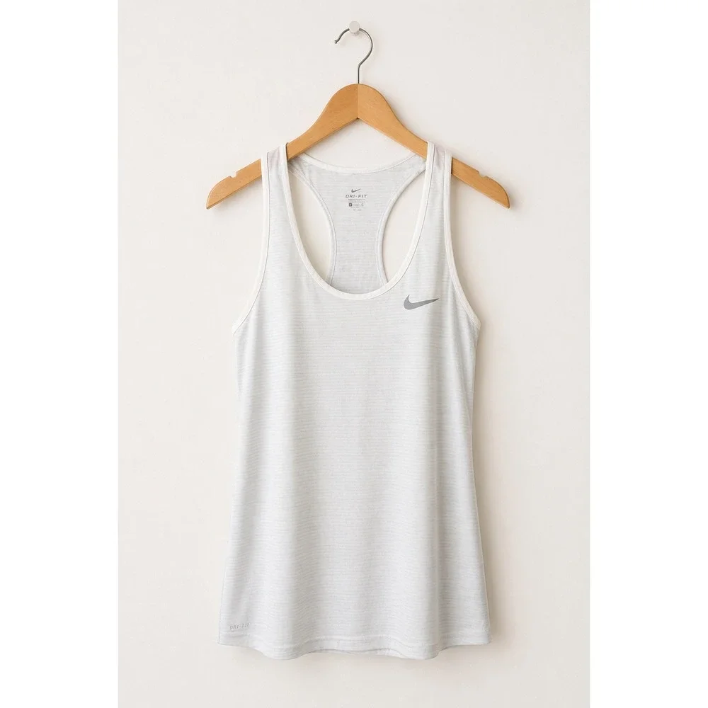 Nike Dri FIT Tank Top Women Small White Blue Stripe‎ Racerback Athletic Running